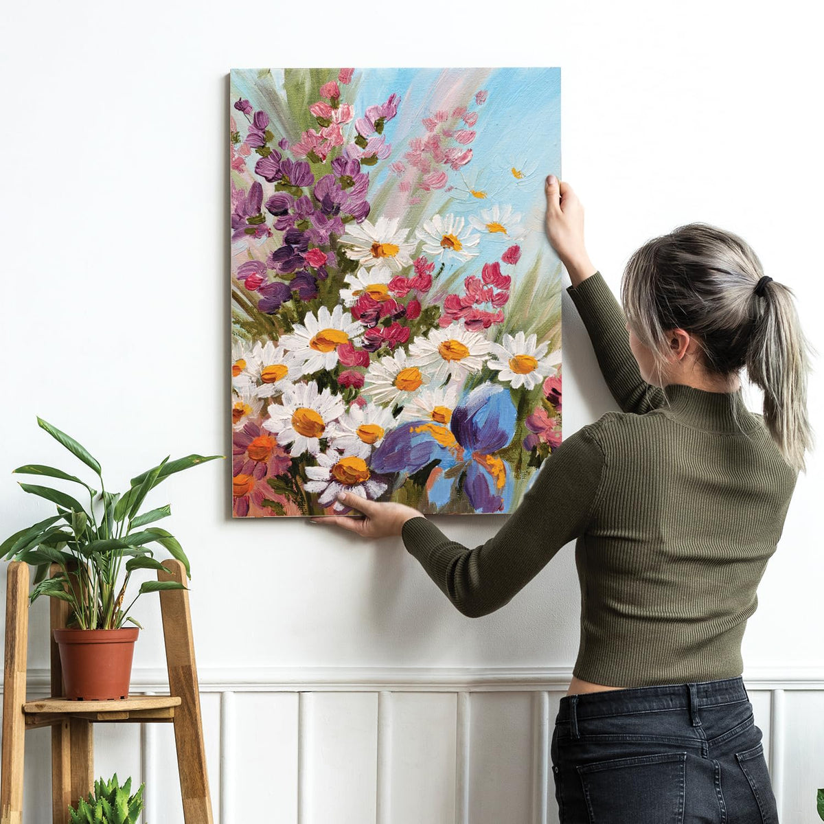 White Sunflowers Floral Canvas Wall Art Painting for wall decoration, Multicolour MultiFlowers Stretched Canvas Painting for living room, bedroom, Home and Office, 16x22 Inch