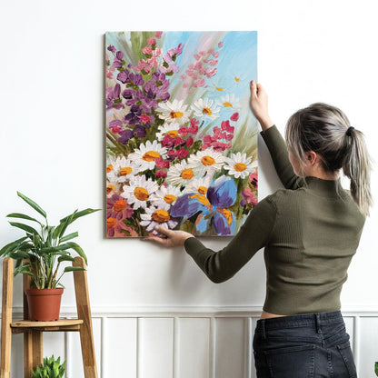 White Sunflowers Floral Canvas Wall Art Painting for wall decoration, Multicolour MultiFlowers Stretched Canvas Painting for living room, bedroom, Home and Office, 16x22 Inch