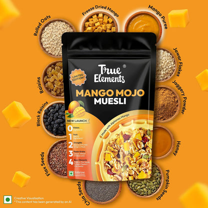 True Elements Mango Mojo Muesli 350 g with Alphonso Mango | Healthy Breakfast Cereal | High Fiber, Protein Rich | Rolled Oats, Seeds & Grains | No Added False Claims | Limited Edition