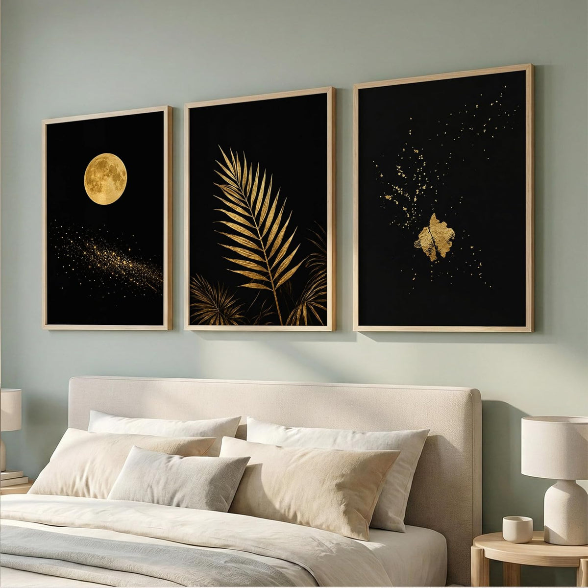 Set of 3 Moon & Golden Palm Leaf Wall Art Paintings for Living Room | Modern Luxury Black Gold Wall Decor | Framed Wall Paintings for Bedroom, Hall, Office & Home Decoration (13x19 Inches)