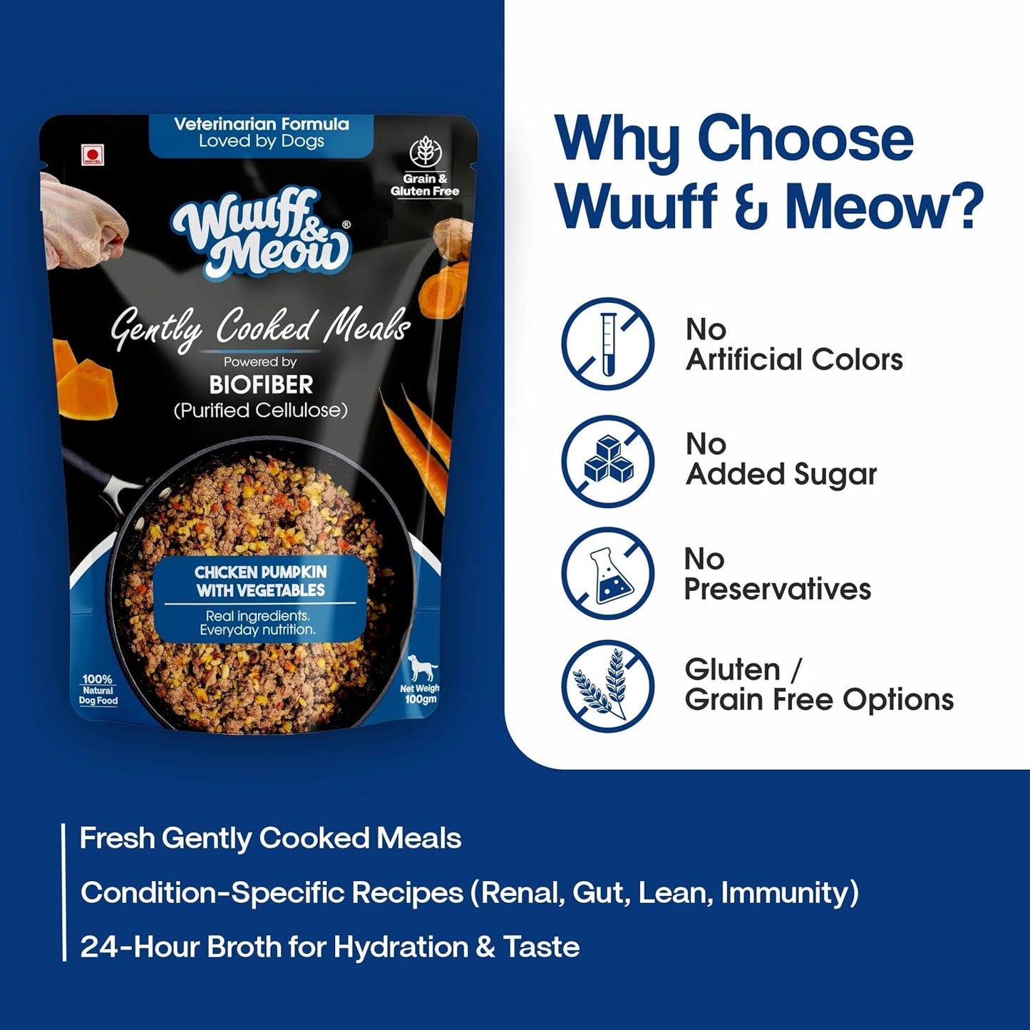 Wuuff&Meow Chicken Pumpkin with Vegetables Dog Food — Gently Cooked Wet Dog Meal with Zero Preservatives| Powered By BioFiber - Arbocel Purified Plant-Based Fiber | 100g