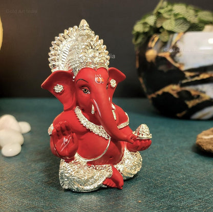 Gold Art India 999 Silver Plated Ganesh Idol for Car Dashboard God Ganesha Idol for Home Decor Ganpati for Gift 3.5 inches (Silver) (MukutSilver red), Idol