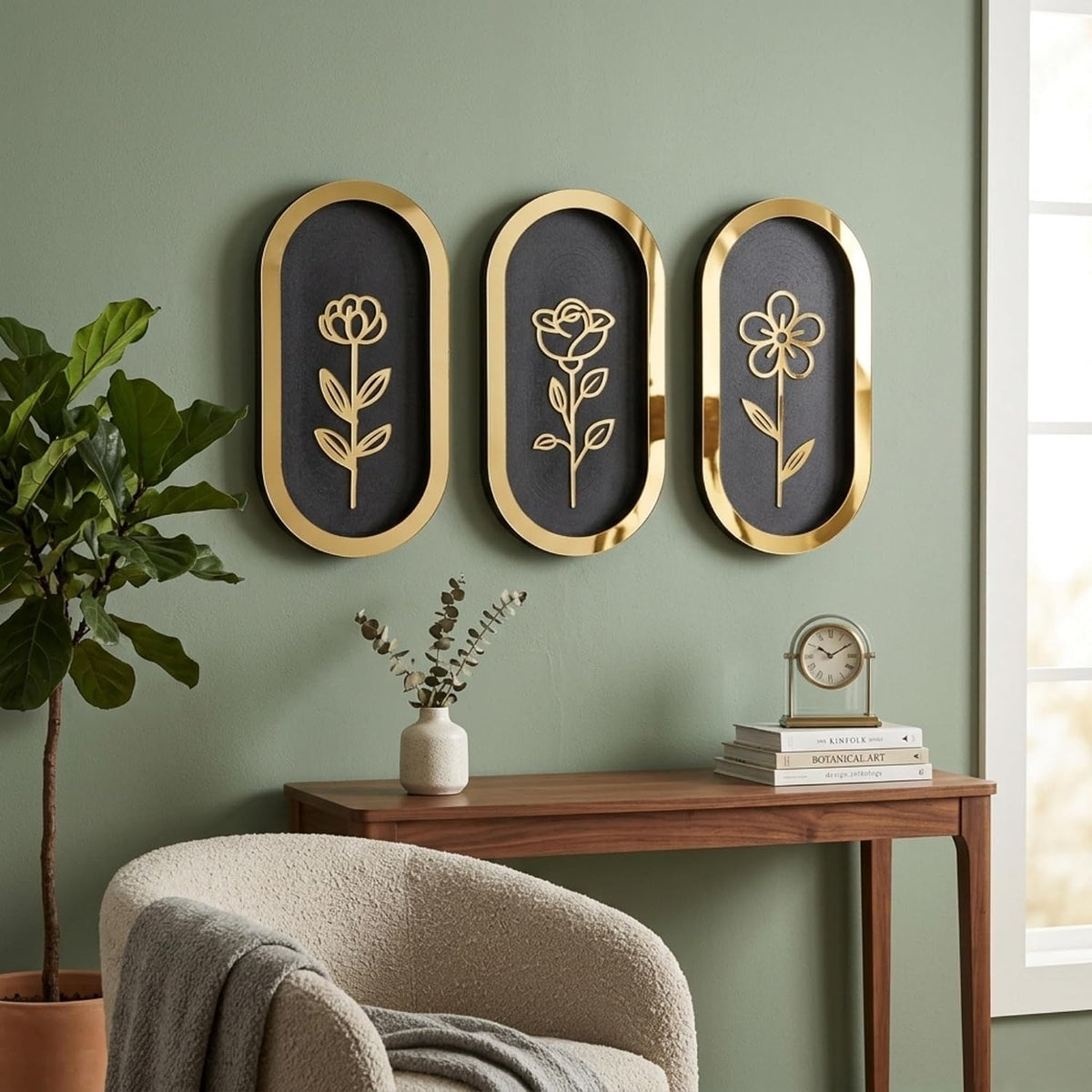 Pack of 3 Floral Wall Art with Black & Golden Wood Base Flower Cutouts Decor for Living Room Bedroom