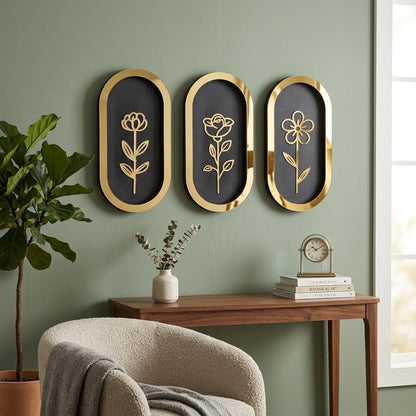 Pack of 3 Floral Wall Art with Black & Golden Wood Base Flower Cutouts Decor for Living Room Bedroom