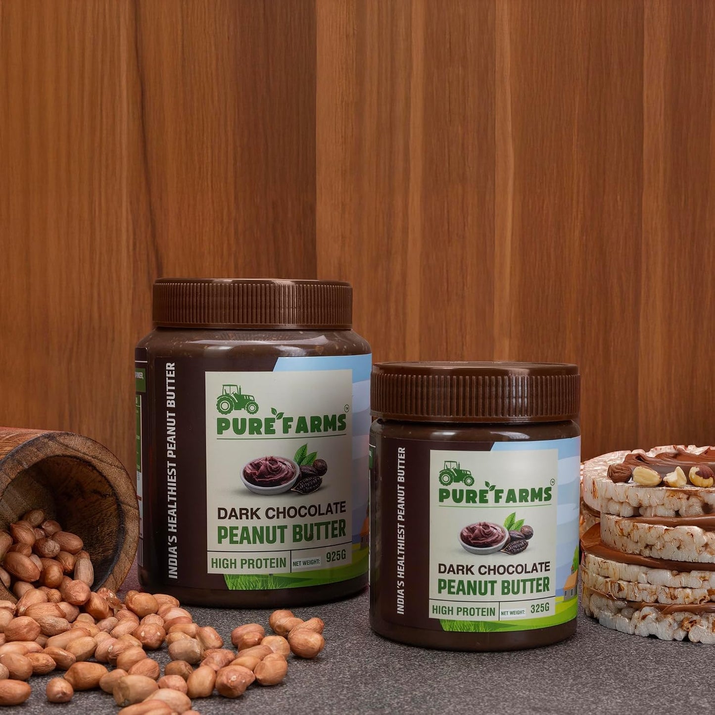 PURE FARMS Dark Chocolate Peanut Butter | Crunchy Chocolate Peanut Butter Spread | 22g Protein, Pure Cocoa | 80% Roasted Peanuts, No Hydrogenated Oil
