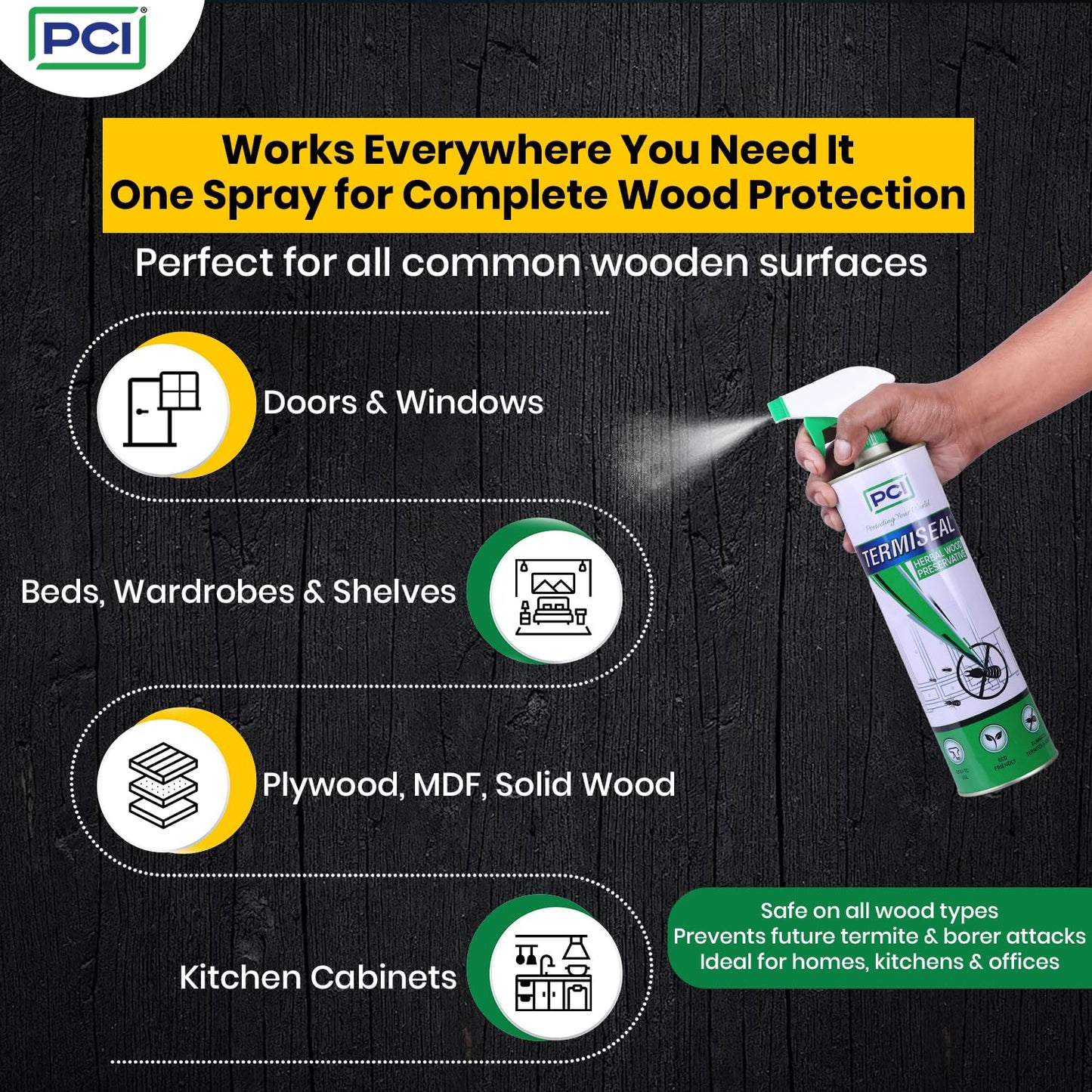 PCI Termiseal Herbal Wood Preservative Spray | Eco-Friendly Termite Killer Spray| Wood Preservative and Termite, Borer, Insect Repellant For Home, Kitchen and Offices 500 ml