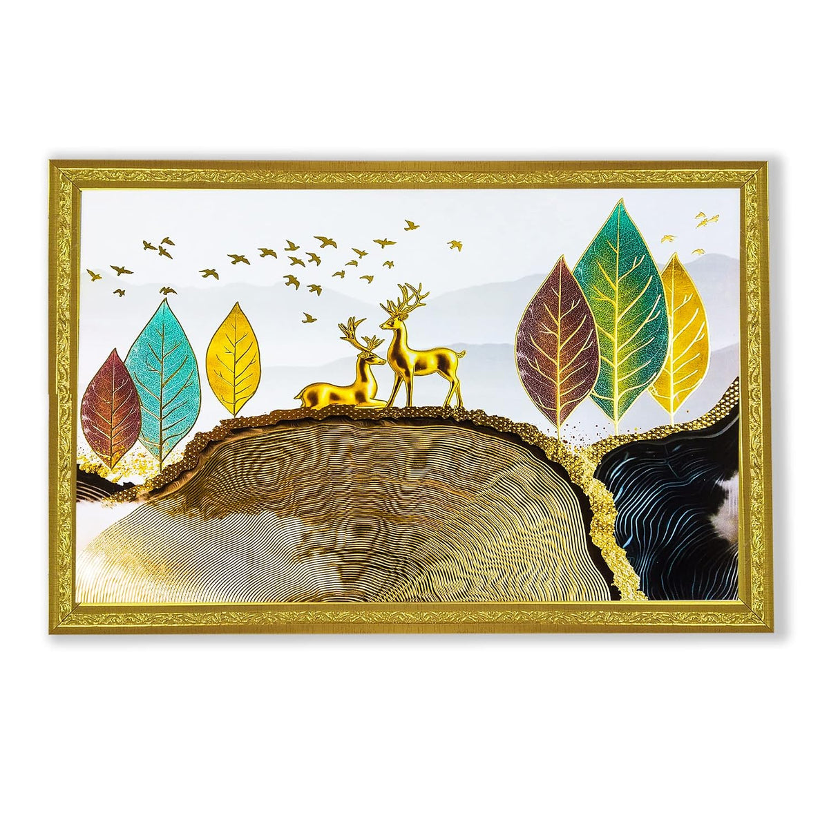 3D Golen Foil Modern Art Landscape with 2 Deer | Framed Painting | Ready to Hang - (Multicolor, 14 Inch x 20 Inch)