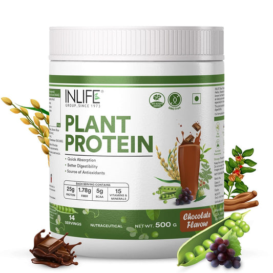 INLIFE Plant Protein Powder - Pea, Quinoa & Brown Rice - 25g Protein - Ashwagandha, Green Tea & Grape Seed Extract - Digestive Enzymes Bodybuilding Supplement (500 g, Chocolate)