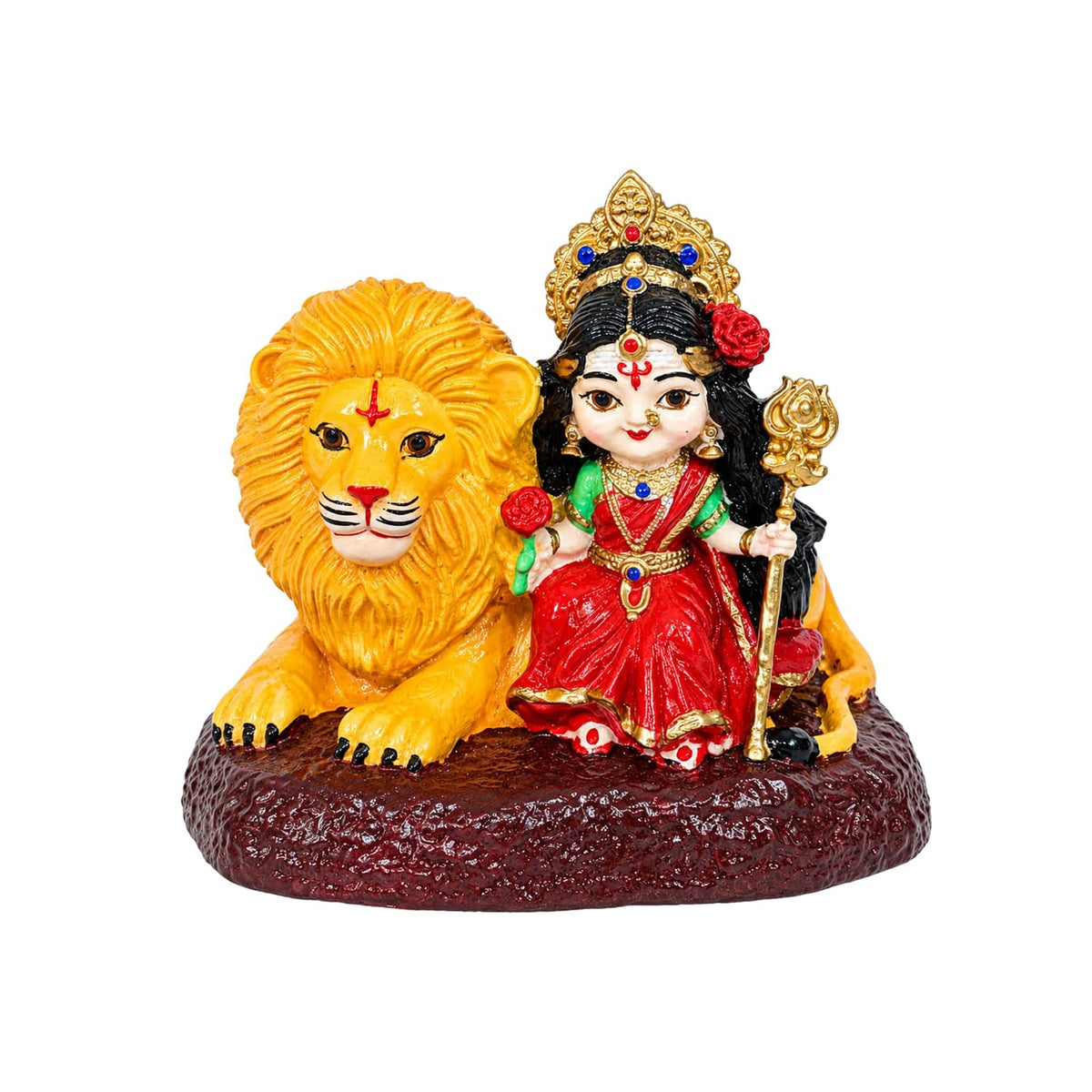 Bal Durga Idol, 8 cm Hand Painted Resin Maa Durga Murti with Lion, Trishul & Traditional Details, Durga MATA Statue for Home Mandir, Pooja Room, Car Dashboard & Decor