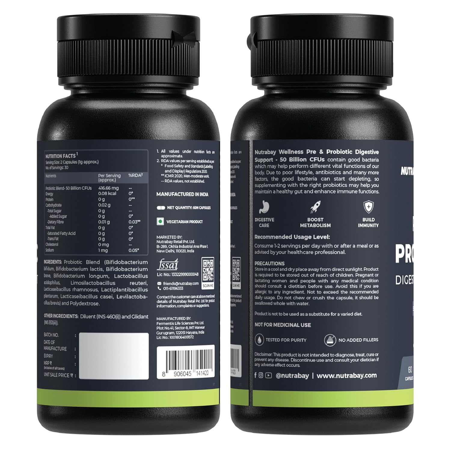 Two black supplement bottles with labels on a white background