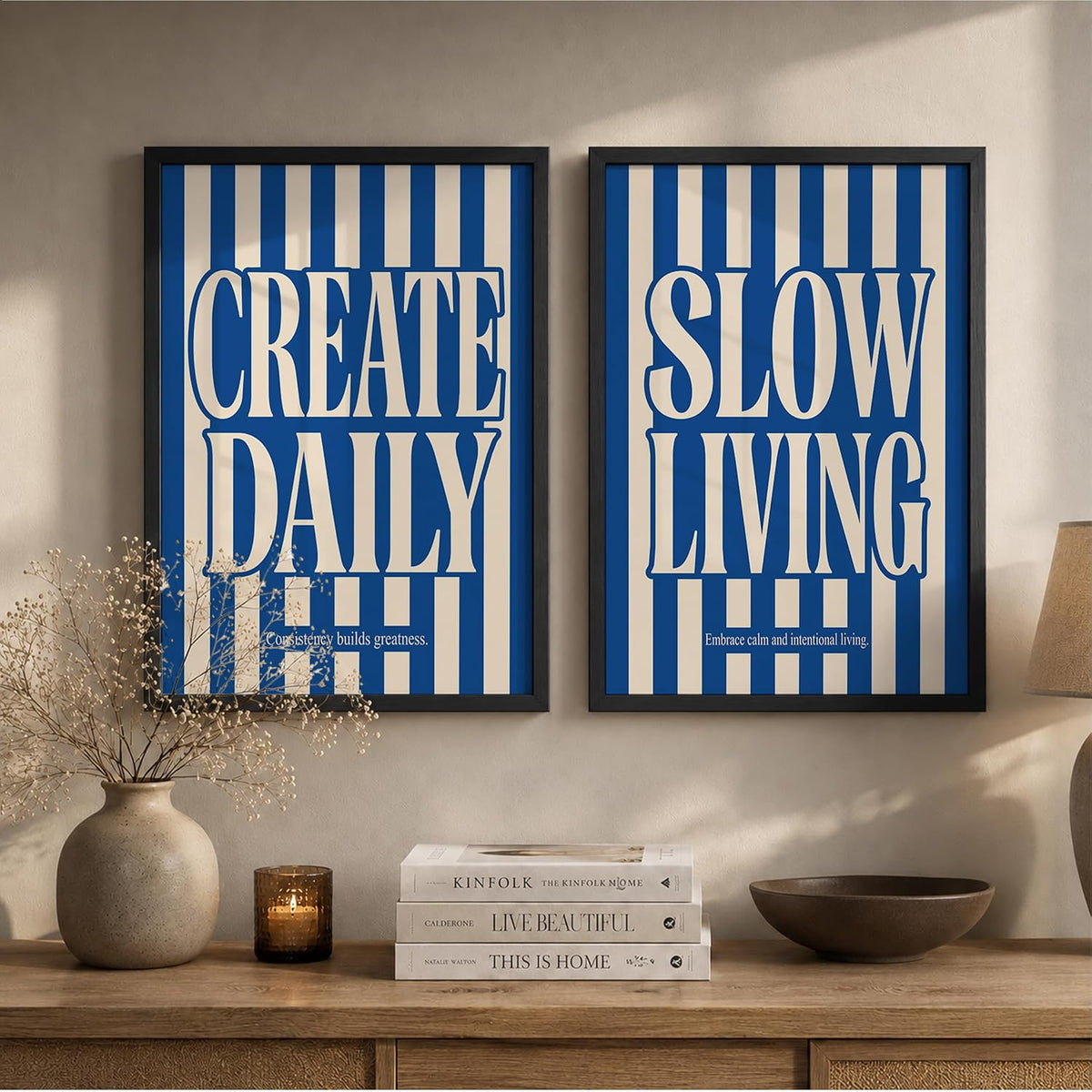 Slow Living Create Daily Wall Art Set of 2 Framed Paintings | Blue Striped Typography Motivational Poster | Office Bedroom Home Décor (Art 22, 10x13 Inches, Black)