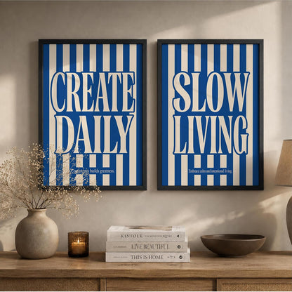 Slow Living Create Daily Wall Art Set of 2 Framed Paintings | Blue Striped Typography Motivational Poster | Office Bedroom Home Décor (Art 22, 10x13 Inches, Black)
