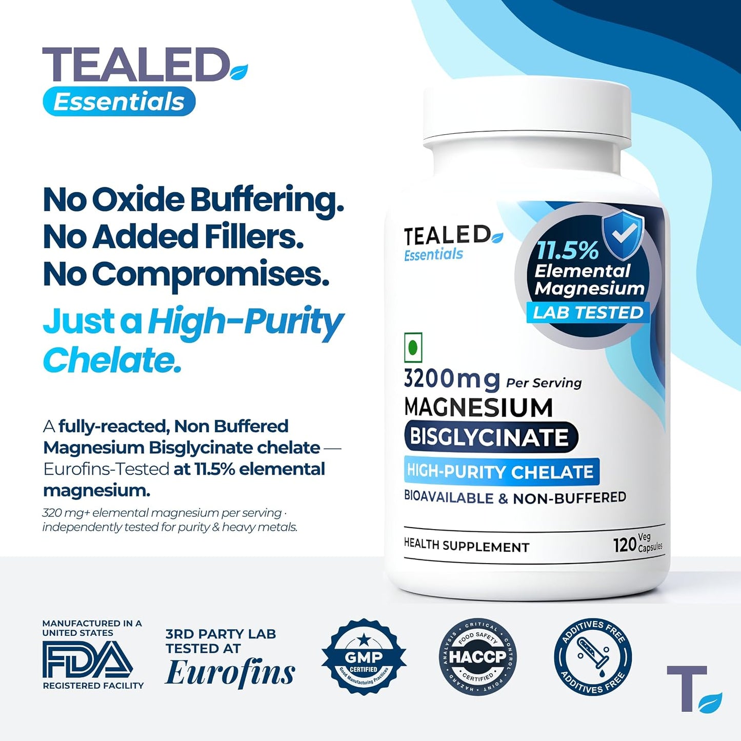 Tealed Magnesium Bisglycinate 3200mg | Non-Buffered | Chelated | Lab-Tested | Eurofins | 320mg Elemental Magnesium | No Fillers & Preservatives | Supports Muscle Relaxation & Sleep Quality | 120 Veg Caps