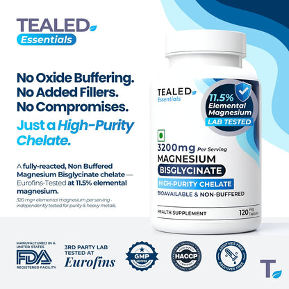Tealed Magnesium Bisglycinate 3200mg | Non-Buffered | Chelated | Lab-Tested | Eurofins | 320mg Elemental Magnesium | No Fillers & Preservatives | Supports Muscle Relaxation & Sleep Quality | 120 Veg Caps