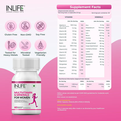INLIFE Multivitamin for Women with Biotin, Vitamin D, Calcium, & Minerals for Energy, Hair, Skin, Nails, Bone - 60 Veg Capsules (Women)