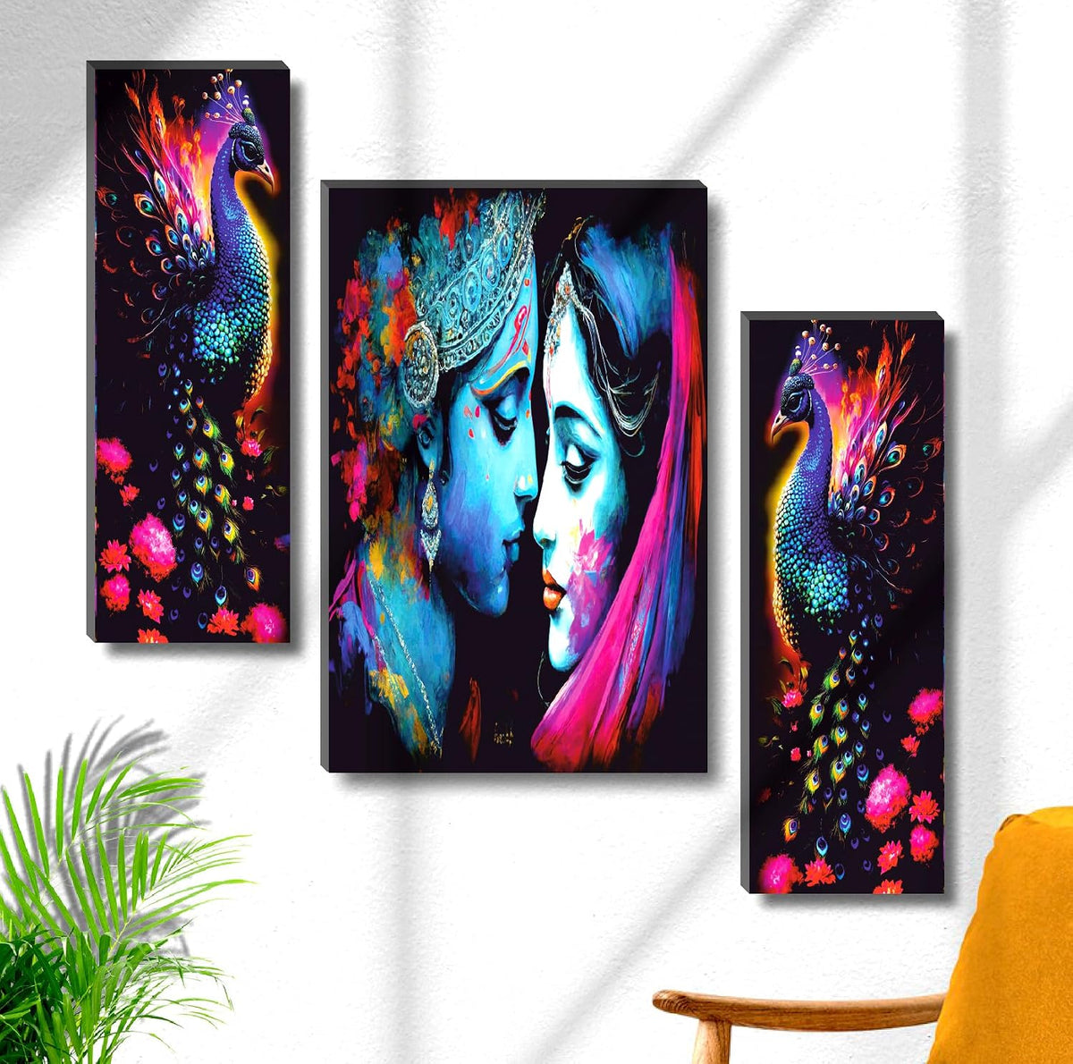 Radha Krishna with Vibrant Peacock Wall Art – 3-Panel UV-Printed Spiritual Triptych | Ready-to-Hang Indian Devotional Décor (20 Inch x 12 Inch) JM-35307