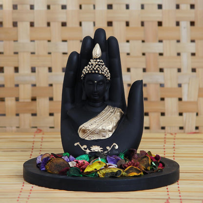 eCraftIndia Black Golden Resin Palm Buddha Statue Potpourri Tea Light Holder| Lord Buddha Statue for Living Room| Gautam Buddha Idol for Home Decor| Showpiece for Diwali Buddha Purnima Housewarming