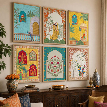 Madhubani & Pichwai Indian Traditional Wall Art Set of 6, Framed Paintings for Living Room, Bedroom & Office Decor, Indian Folk Art Prints, 10x13 Inch