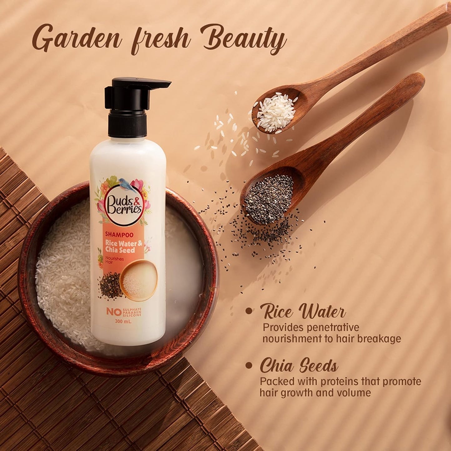 Buds & Berries Nourishment Shampoo with Rice Water and Chia Seeds | Strengthens Hair, 120 Hours of Conditioning | No Sulphate, No Paraben, No Silicone (300 ml)