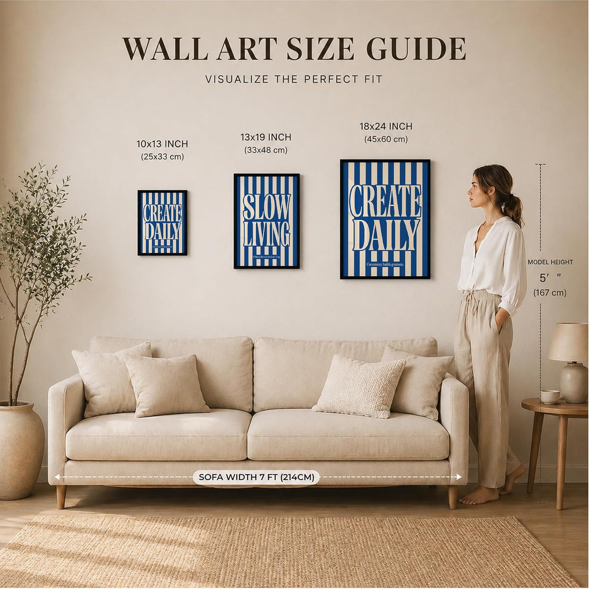 Slow Living Create Daily Wall Art Set of 2 Framed Paintings | Blue Striped Typography Motivational Poster | Office Bedroom Home Décor (Art 22, 10x13 Inches, Black)