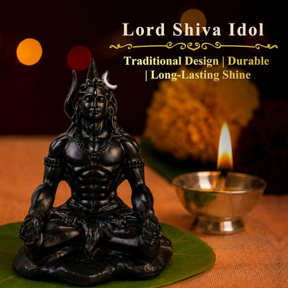 4 Inch Meditating Lord Shiva Idol | Black Finish Mahadev Murti in Dhyan Mudra with Trishul, Snake & Tiger Base for Home Temple, Mandir, Meditation Room, Office Desk & Car Dashboard