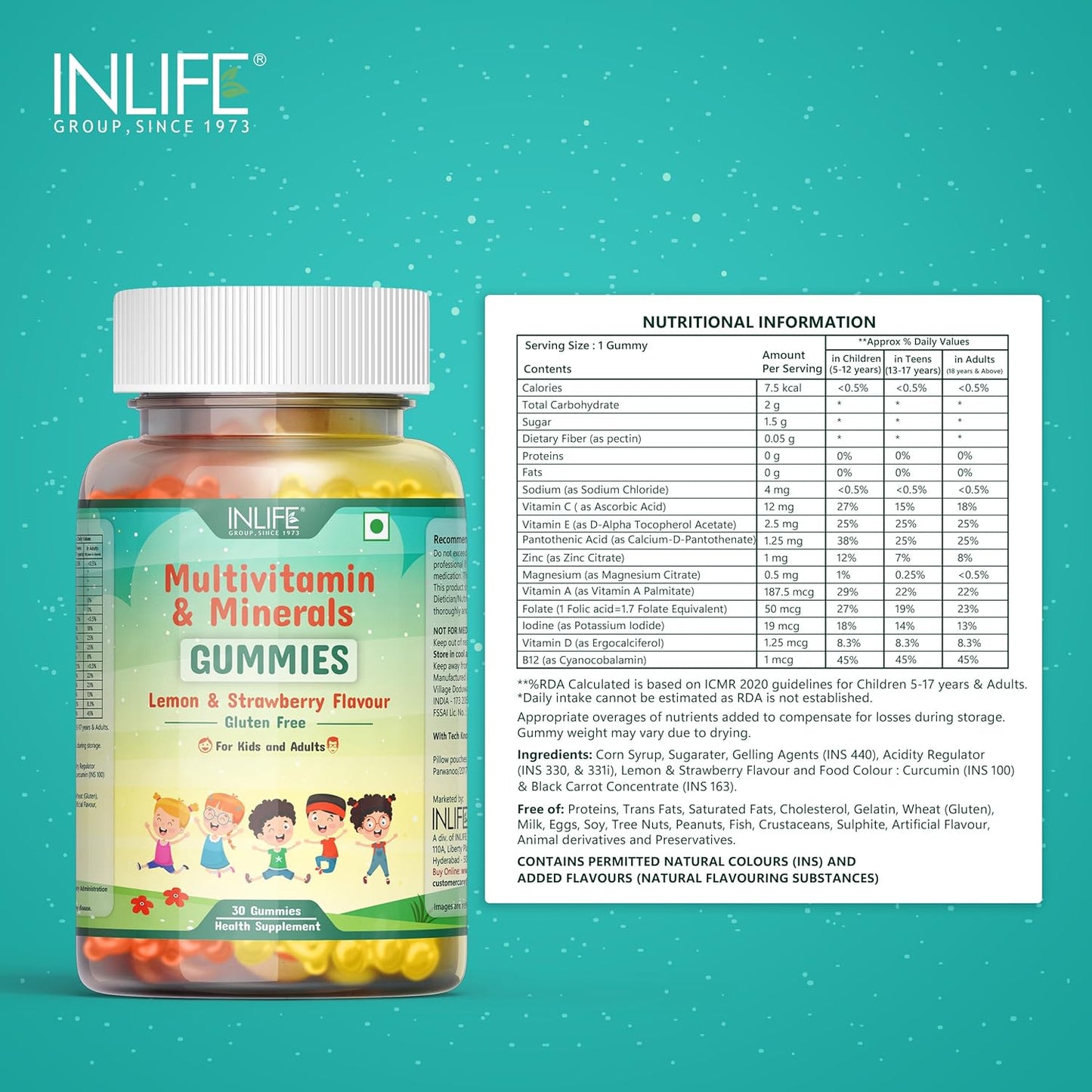 INLIFE Multivitamin Gummies for Kids Teens Men & Women, Daily Gummy Bear Essential Vitamins & Minerals - 30 Lemon Strawberry Gummies (Kids)