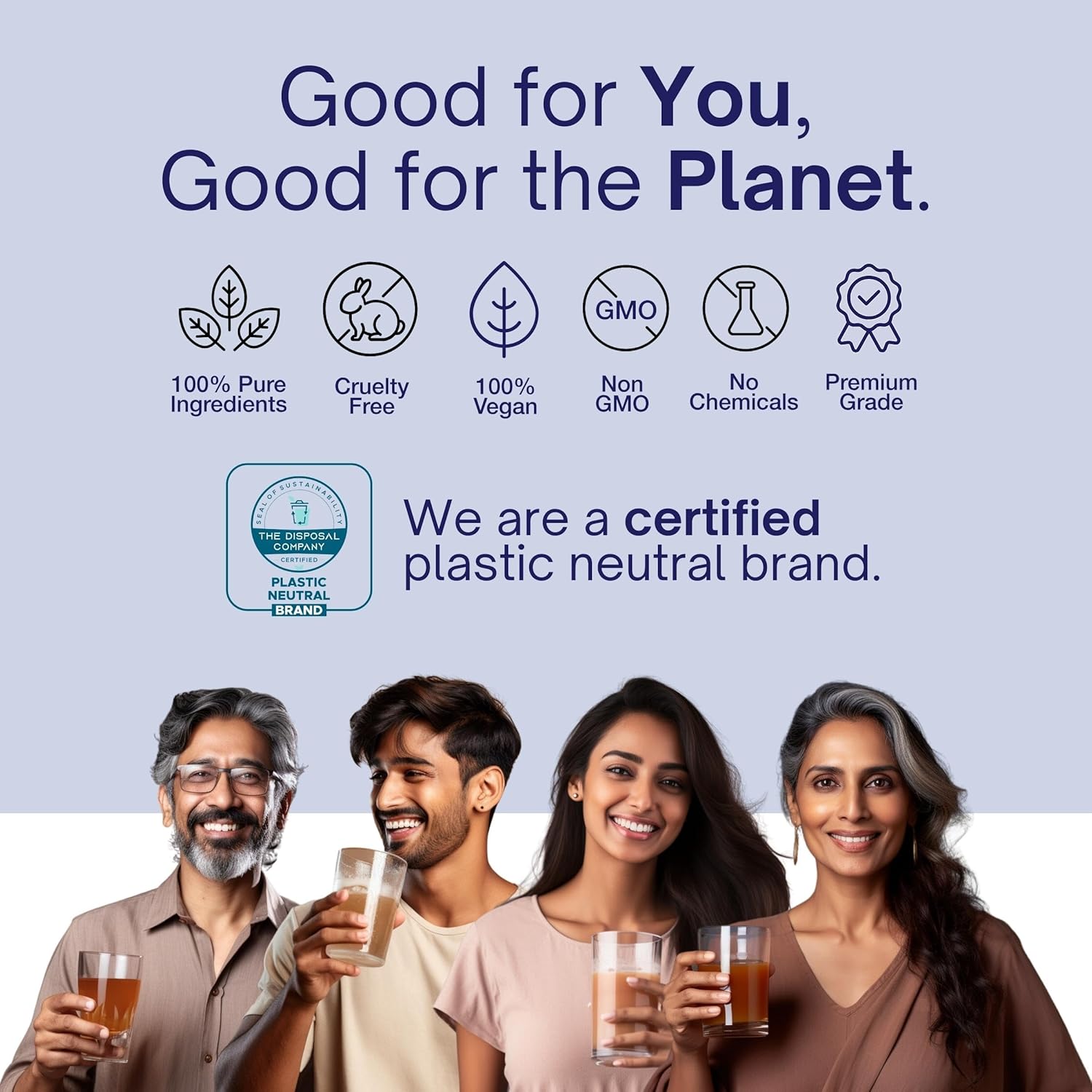 Group of people holding drinks with sustainability certification logos and text on a light blue background
