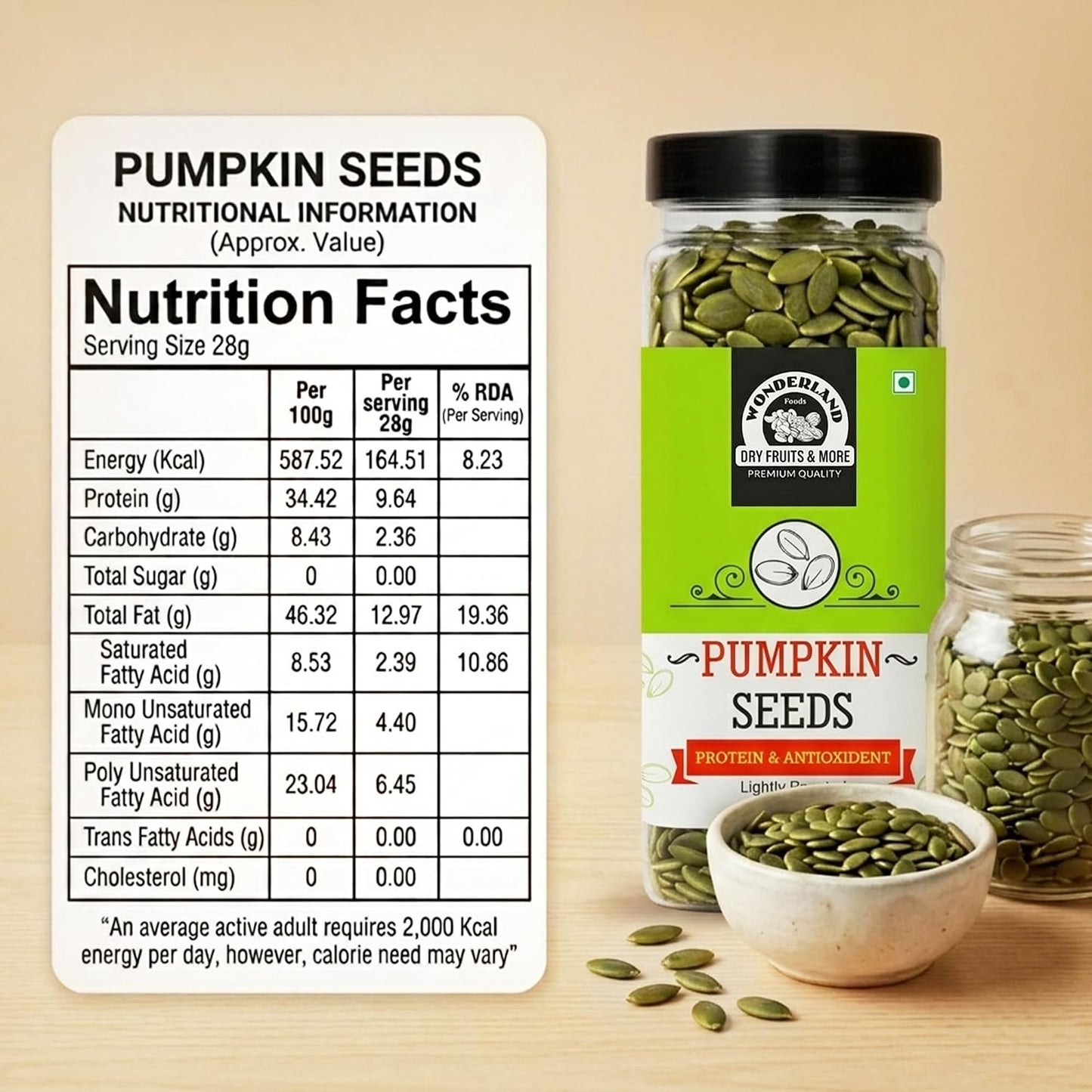 Wonderland Foods 200g Roasted Pumpkin Seeds (Kaddu Seeds) Jar | Premium Nutrient-Rich Snack, Crafted for Wellness & Vitality | Full of Protein, Antioxidants, & Fibre