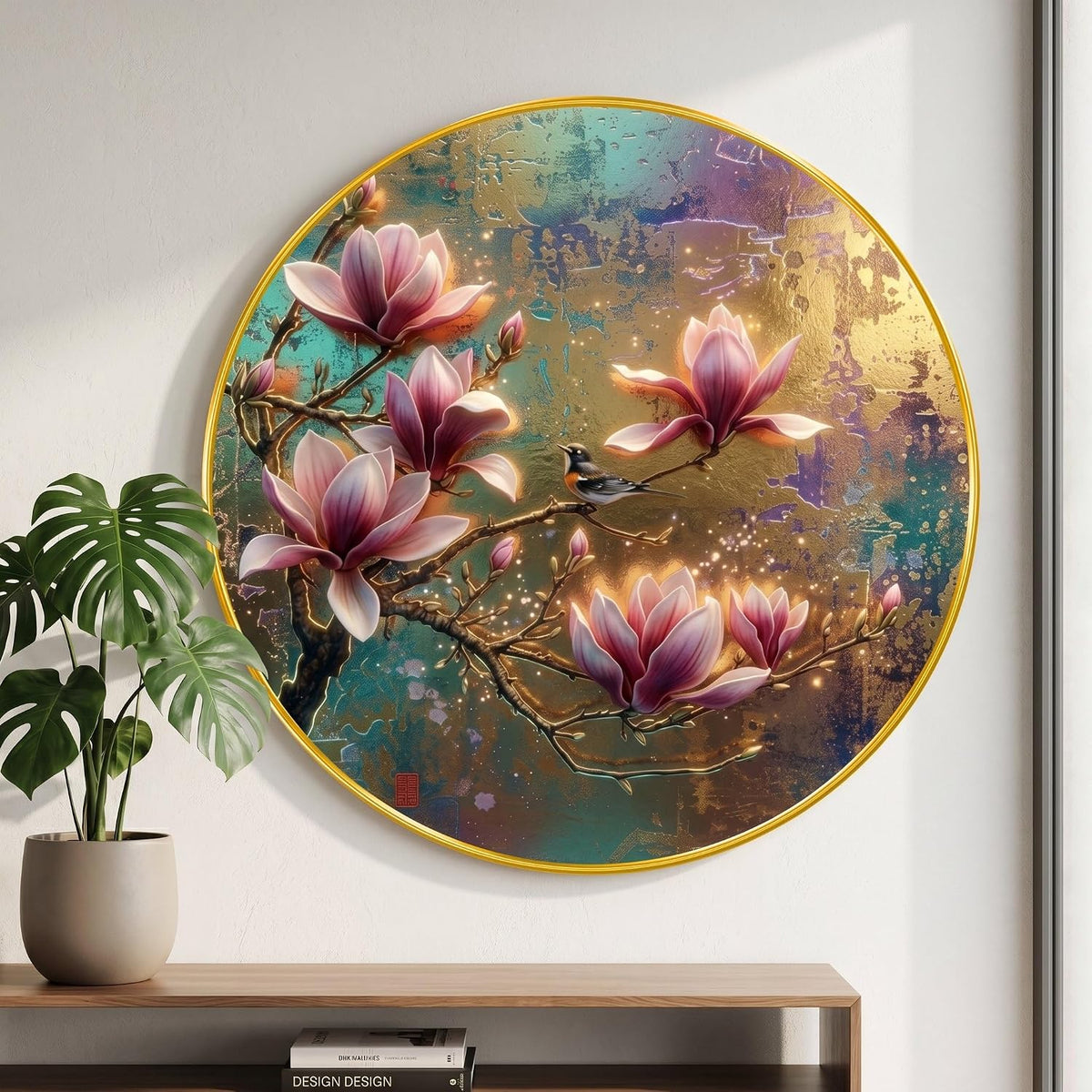 Magnolia Flower Wall Painting with Golden PVC Frame Round Bird Floral Art Modern Luxury Wall Decor for Living Room Bedroom Office Home Decorative Elegant Gift Item (16 x 16 Inch) GRM-360