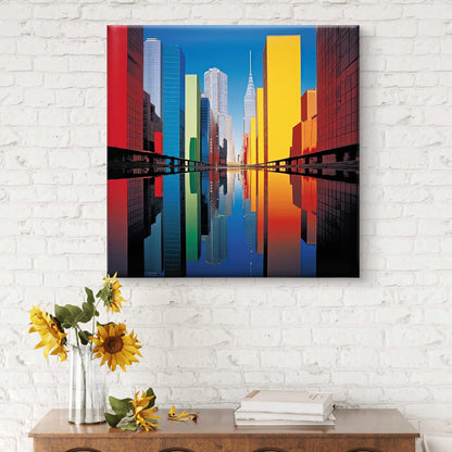 New York City Skyline Canvas Wall Art, Colourful Reflection, Modern Urban Architecture Print 16 Inch x 16 Inch CVS-38118