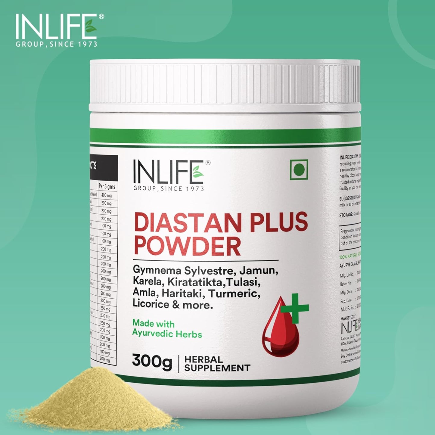 INLIFE Diastan Plus Powder| Ayurvedic Herbal Supplement| Infused with Gymnema Sylvestre, Jamun, Karela, Tulasi, Amla, Turmeric, Licorice for More Glucose Support & Metabolisam| For Men & Women 300g