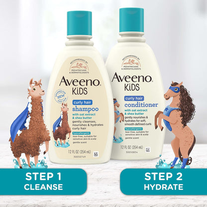Aveeno Baby Kids Curly Hair Conditioner With Oat Extract & Shea Butter, Gently Nourishes & Hydrates For Defined Curls, Tear-Free & Suitable For Sensitive Skin, Hypoallergenic, 12 Fl. Oz, 1 Count