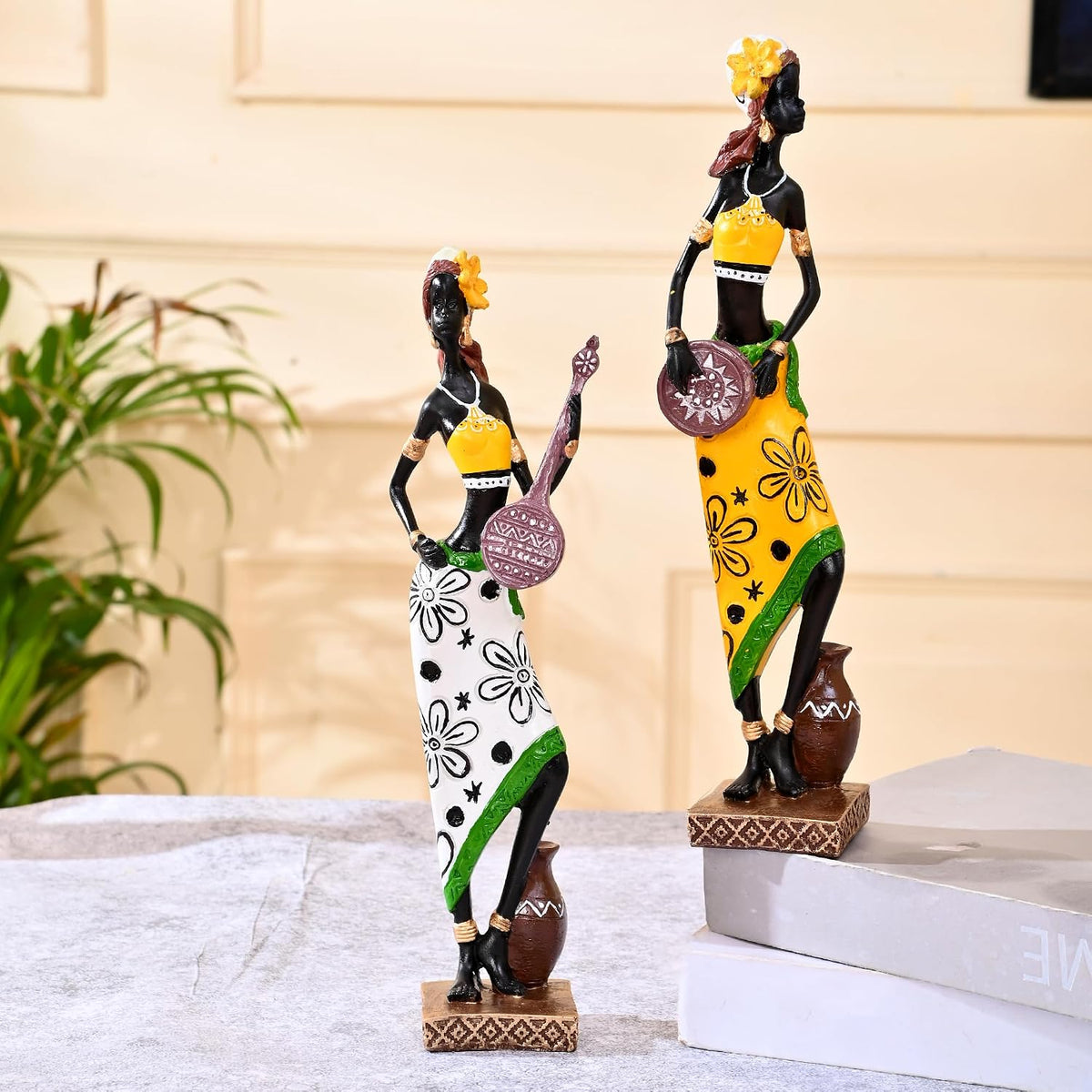 Resin African Girl with Musical Instruments|Captivating Home Décor (Pack of 2, Yellow & Black- Model 2, Large)