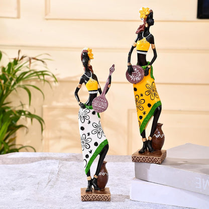 Resin African Girl with Musical Instruments|Captivating Home Décor (Pack of 2, Yellow & Black- Model 2, Large)