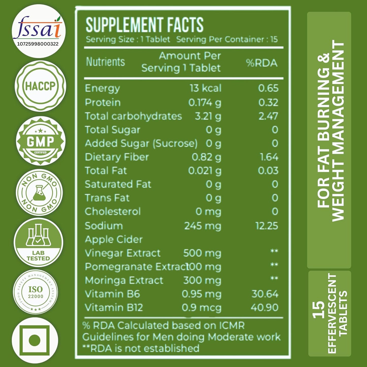 Nutrasium ACV Moringa Metabolism Plus | Apple Cider Vinegar Effervescent Tablet | For Supports Weight Loss, Control Cravings, Convert Fat Into Energy, Boost Energy & Immunity | 15 Tablets Green Apple