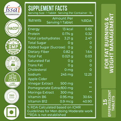 Nutrasium ACV Moringa Metabolism Plus | Apple Cider Vinegar Effervescent Tablet | For Supports Weight Loss, Control Cravings, Convert Fat Into Energy, Boost Energy & Immunity | 15 Tablets Green Apple