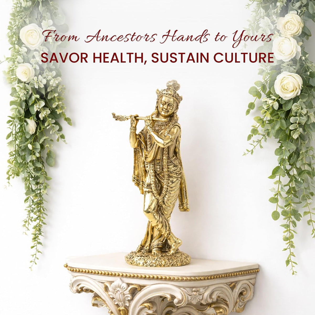 Handcrafted Brass Krishna Murti | Divine Flute-Playing Lord Krishna Idol for Home Temple & Spiritual Decor (Design02: L5 x W4 x H12 cm)