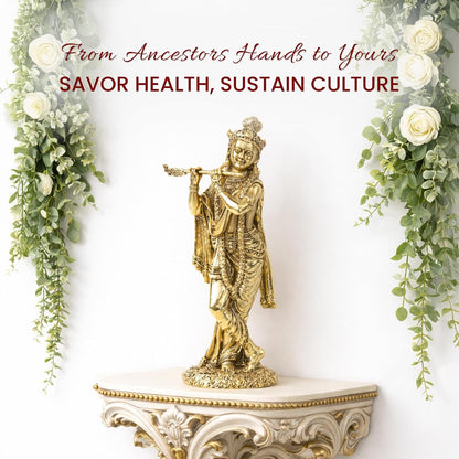 Handcrafted Brass Krishna Murti | Divine Flute-Playing Lord Krishna Idol for Home Temple & Spiritual Decor (Design02: L5 x W4 x H12 cm)