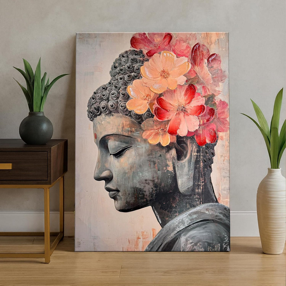 Pink Floral Buddha Painting for Living Room, Buddha wall Art Painting for living room, Bedroom, office and Home, Canvas, 16x22 Inch