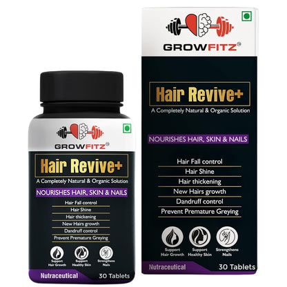 Growfitz Hair Revive+ | Ayurvedic & 100% Natural | Hair Growth, Skin, Nails | For Men & Women - 30 veg tablets (Pack of 1)