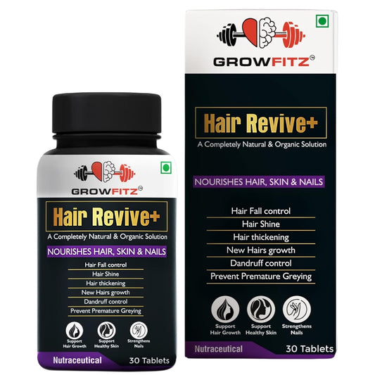 Growfitz Hair Revive+ | Ayurvedic & 100% Natural | Hair Growth, Skin, Nails | For Men & Women - 30 veg tablets (Pack of 1)