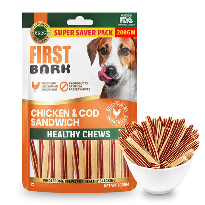 First Bark Dog Treats for Adult Dog & Puppy – Healthy Chews Chicken & Cod Fish Jerky for Dogs, Small Dogs & Shih Tzu | Dog Snacks & Puppy Treats – Chicken & Cod Sandwich (200g) x1