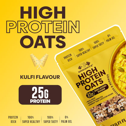 GrowFitz 25g High Protein Oats 800 Gram | Kulfi Flavor Breakfast Oatmeal | 12g High Fiber, Almonds, Raisin, Pumpkin, Chia Seeds, Super Rolled Oats | Healthy Fats, No Added Sugar (Pack of 1)