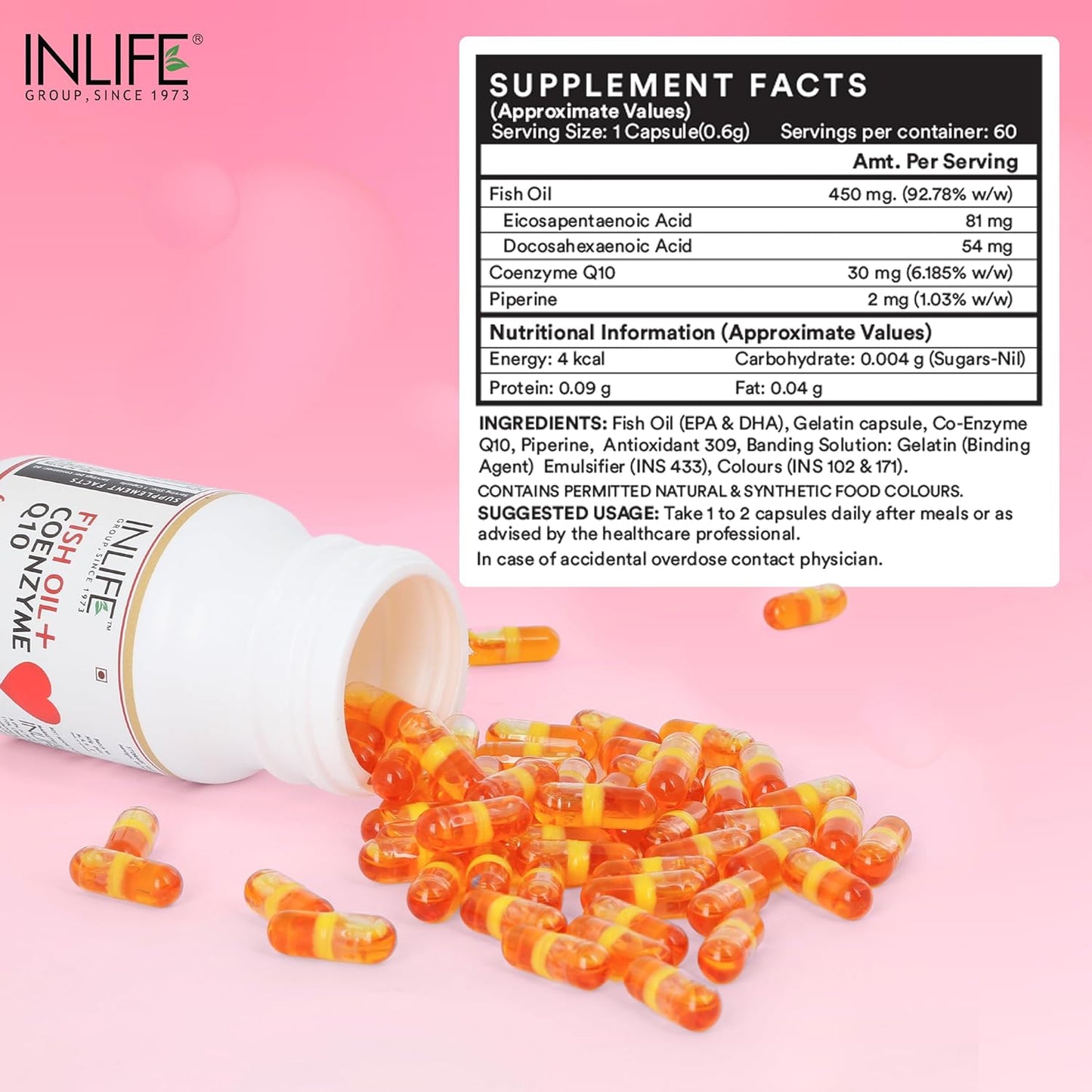 INLIFE Fish Oil Coenzyme Q10 Omega 3 Supplement - 60 Liquid Filled Capsules