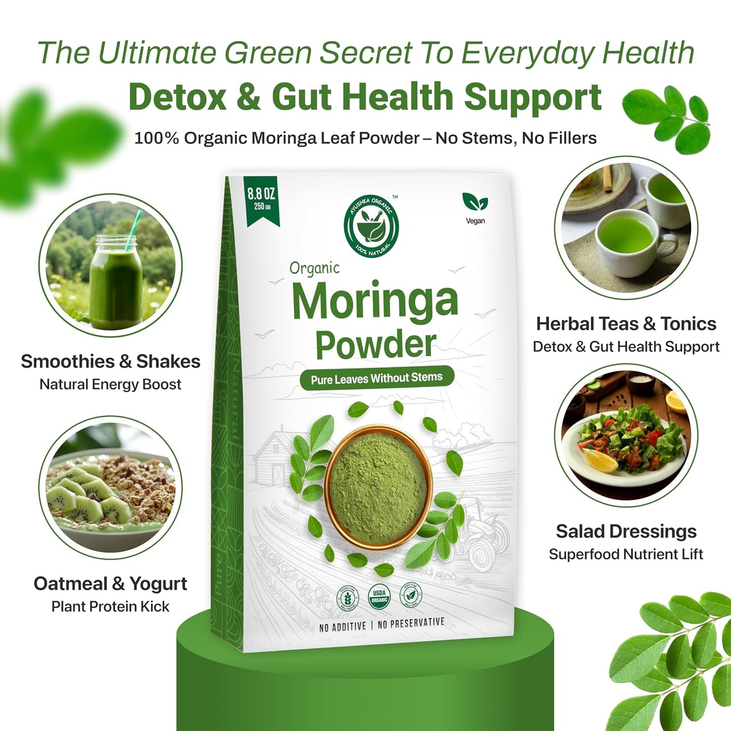 Moringa Powder 250g | USDA Organic Certified Drumstick Leaves Powder | 100% Pure & Fresh Moringa Leaf Powder | Rich in Vitamins, Minerals & Antioxidants | Natural Superfood for Energy, Stamina & Vitality | Non-GMO & No Preservatives AYUSHKA ORGANIC