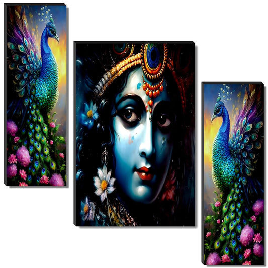Krishna Divine Glow & Vibrant Peacock Wall Art – 3-Panel UV-Printed Spiritual Triptych | Ready-to-Hang Home Décor (20 Inch x 12 Inch) JM-35292