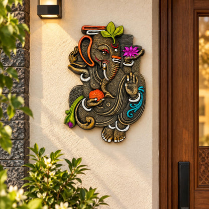 Ganesh Ji Wall Hanging Terracotta Idol Murti for Door Entrance, Main Gate, Mandir, Home & Office Decoration | Ganesha Ganpati Wall Sculpture | Spiritual & Religious Gifts (26x17 CM)