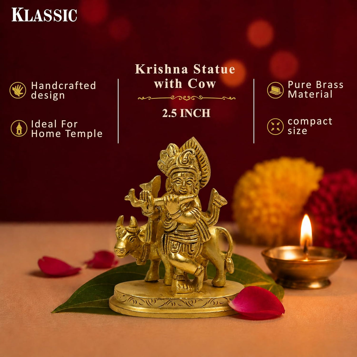 2.5 Inch Pure Brass Krishna Statue with Cow – Handcrafted Idol | Compact Spiritual Murti for Home Temple, Office Table, Puja Room, Festive Decoration & Auspicious Gift