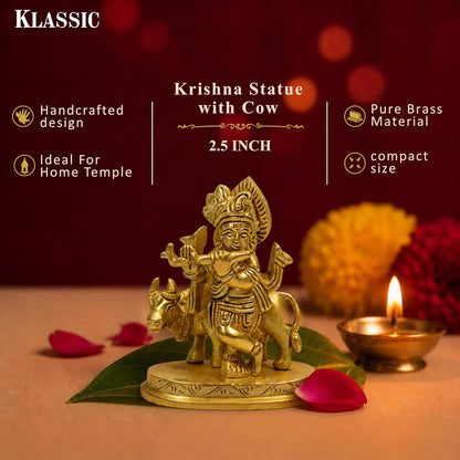 2.5 Inch Pure Brass Krishna Statue with Cow – Handcrafted Idol | Compact Spiritual Murti for Home Temple, Office Table, Puja Room, Festive Decoration & Auspicious Gift