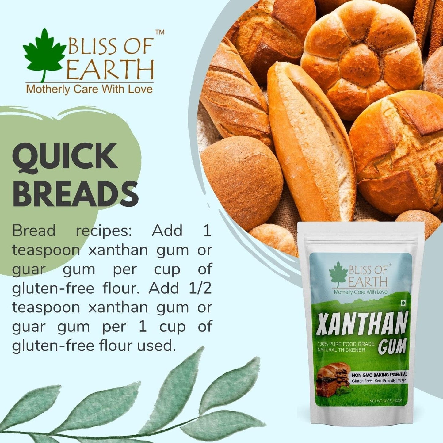 Bliss of Earth Xanthan Gum Powder 100% Pure Food Grade Natural Thickener Gluten Free, Keto Friendly, Vegan 113gm